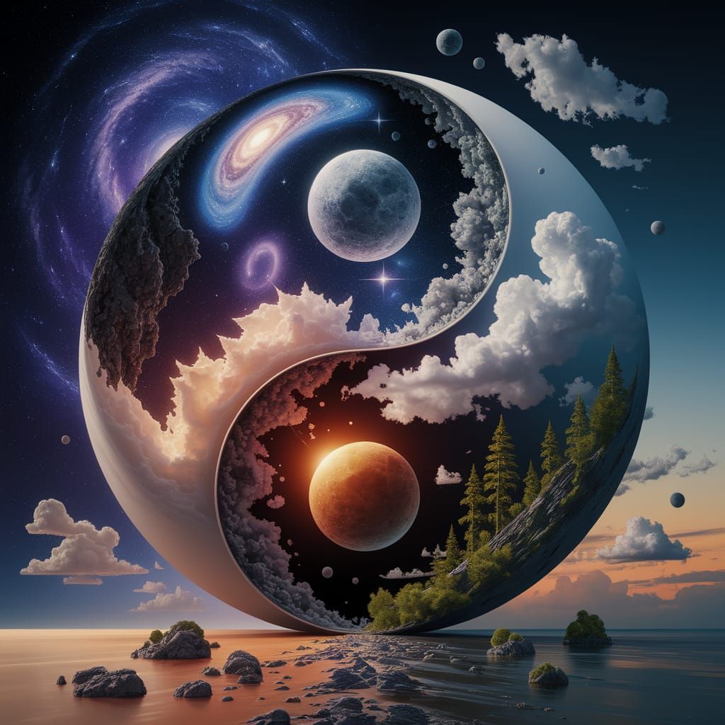 A surreal yin-yang composition blending cosmic night skies, ...