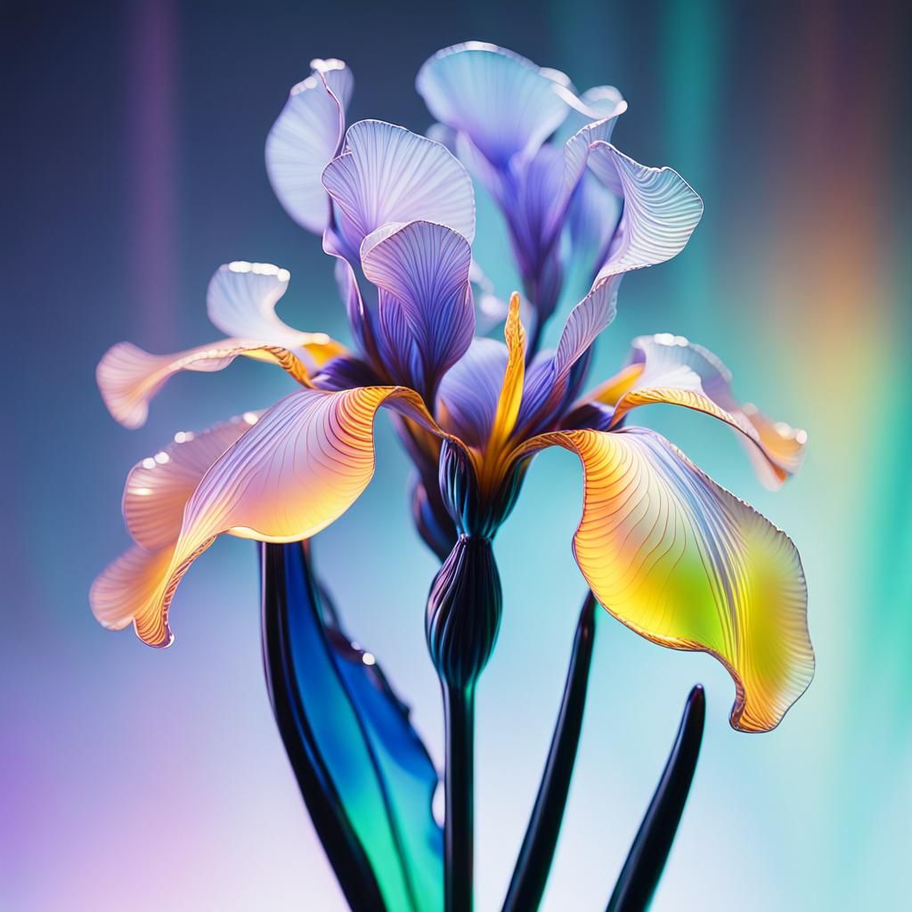 Ethereal Enamel Glass Iris Sculpture in 3D