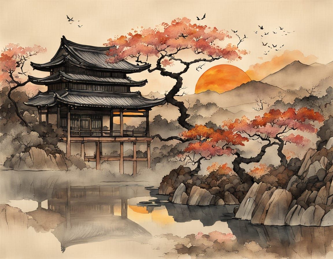 Ethereal Japanese Garden in Watercolor, Where Seasons Conver...
