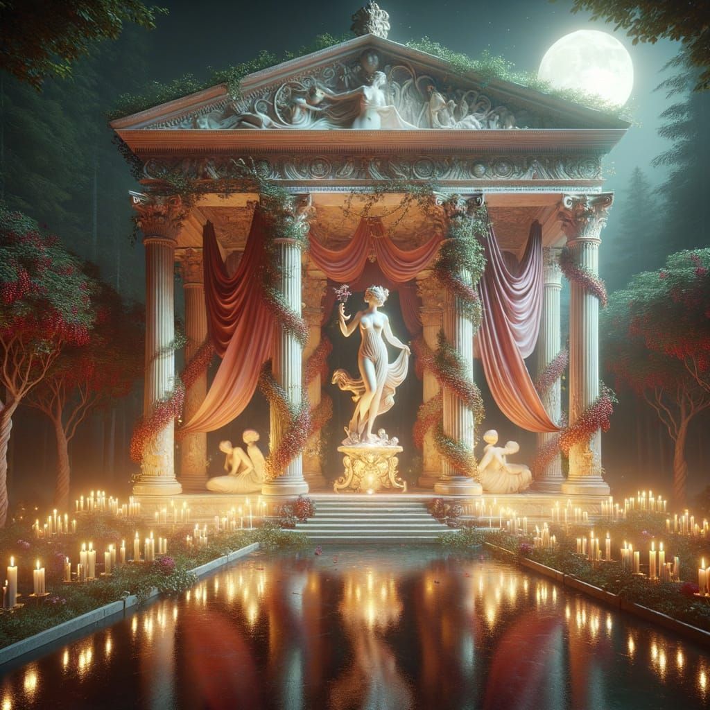 Greek Goddess of Love Temple in Candlelit Serenity