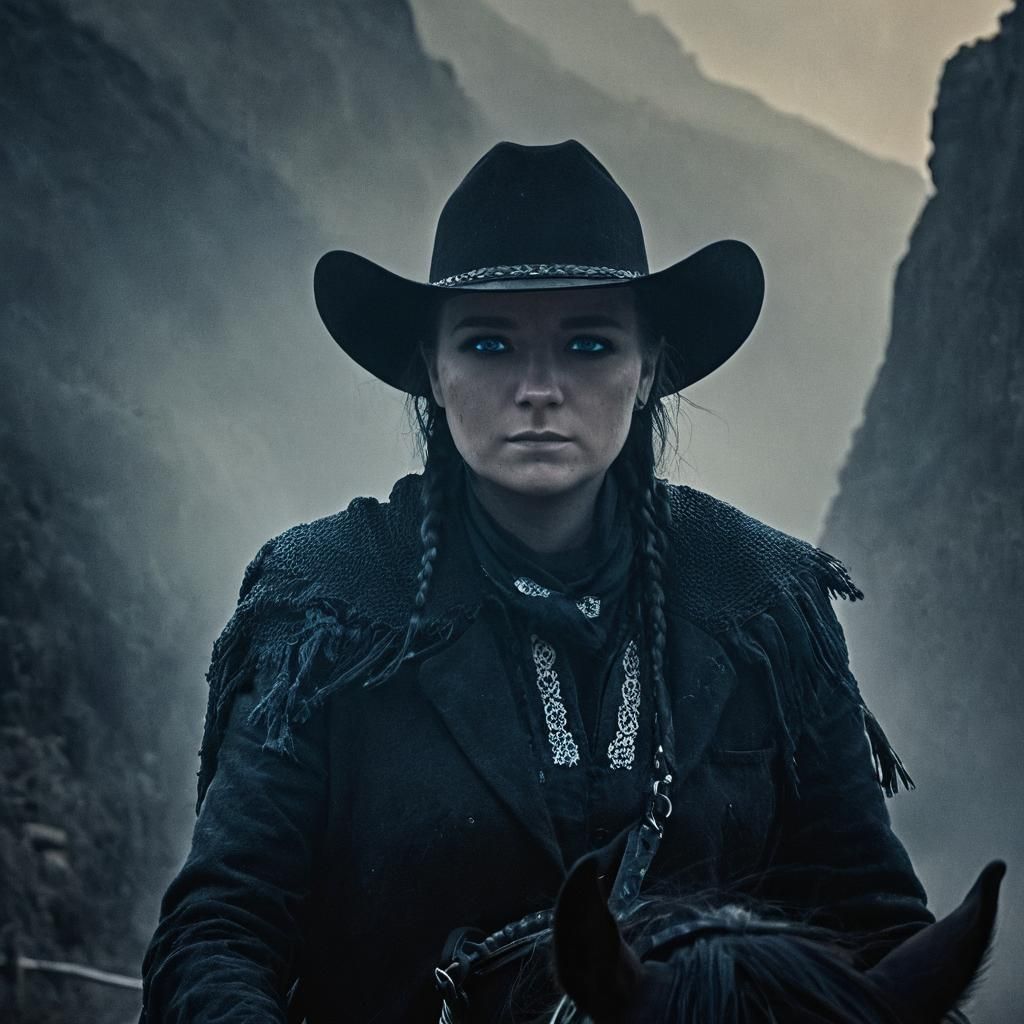 Cowgirl on Black Stallion in Misty Canyon