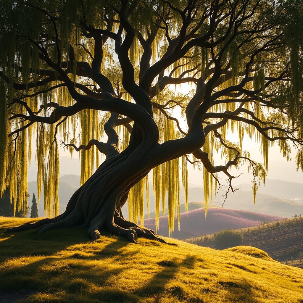Majestic Willow Tree in a Fantastical Landscape