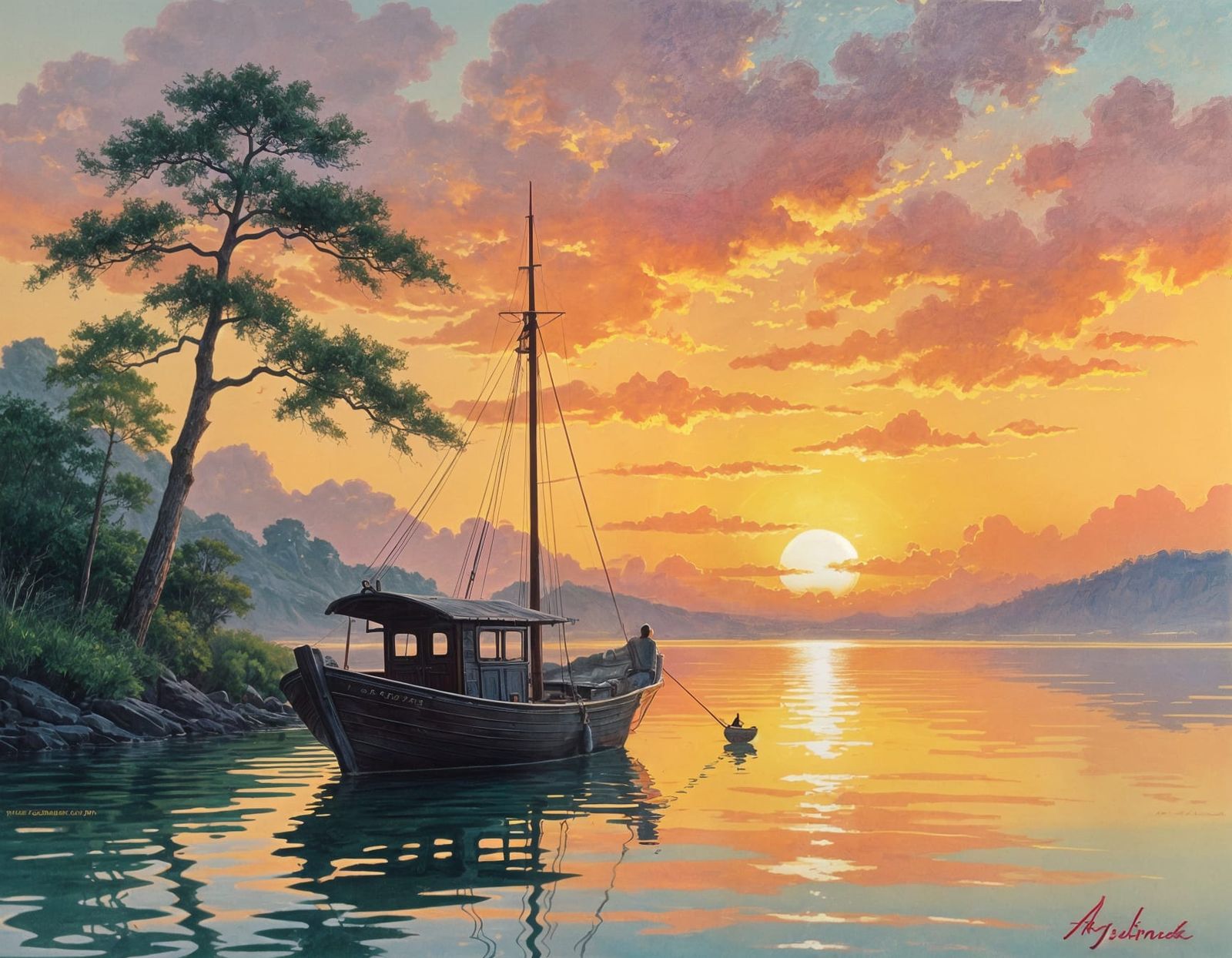 Pastel Coastal Sunset with Fishing Boat