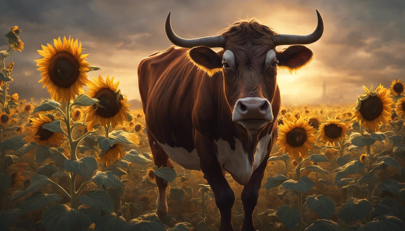 Sunflower-Cow: Detailed Matte Painting in Deep Color