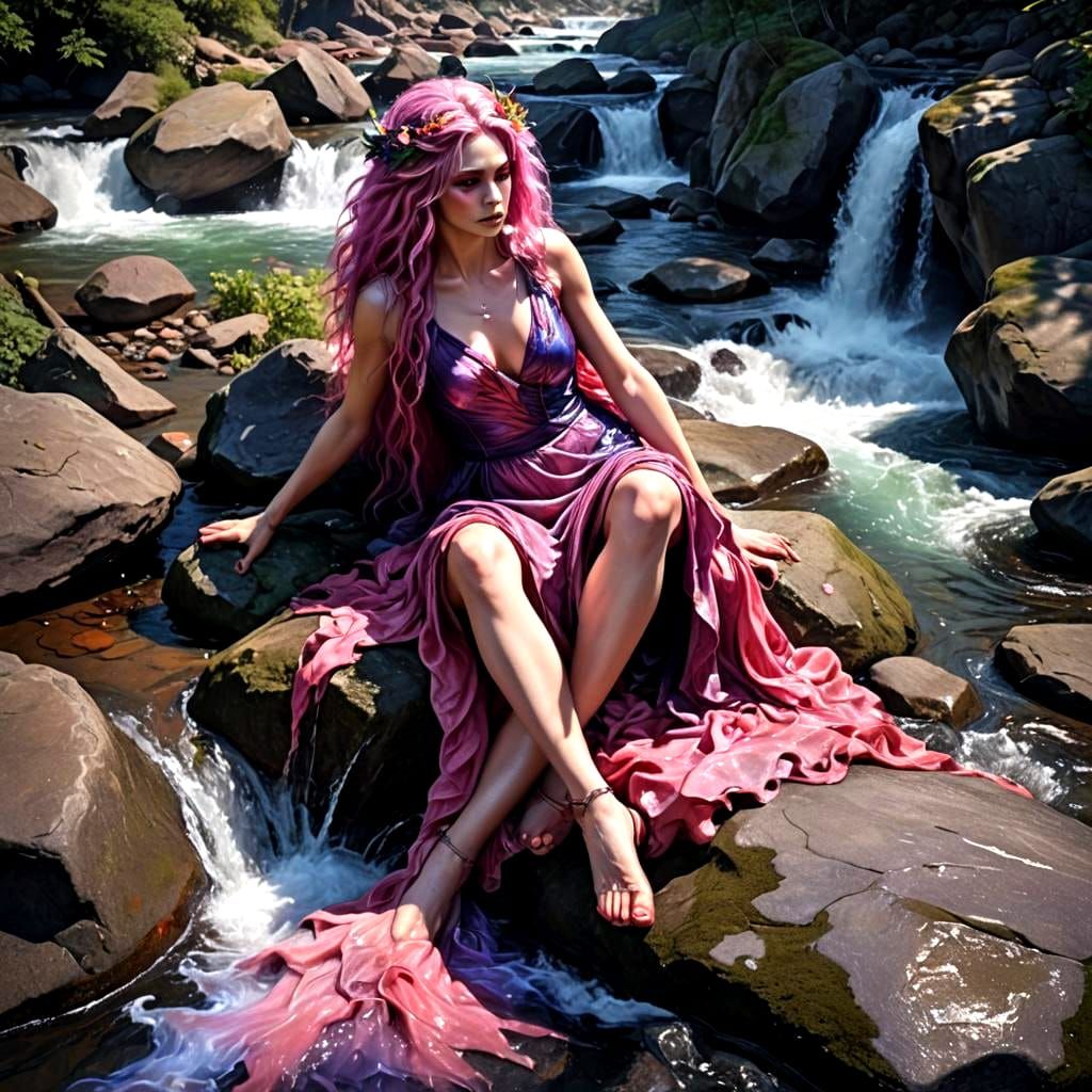 Pink Dryad Resting by Multicolored Waterfall