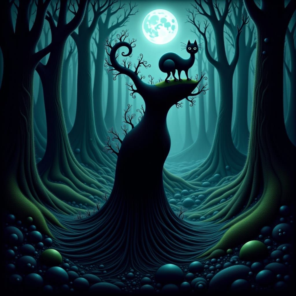 Black Cat Merges With Mystical Forest Under Full Moon