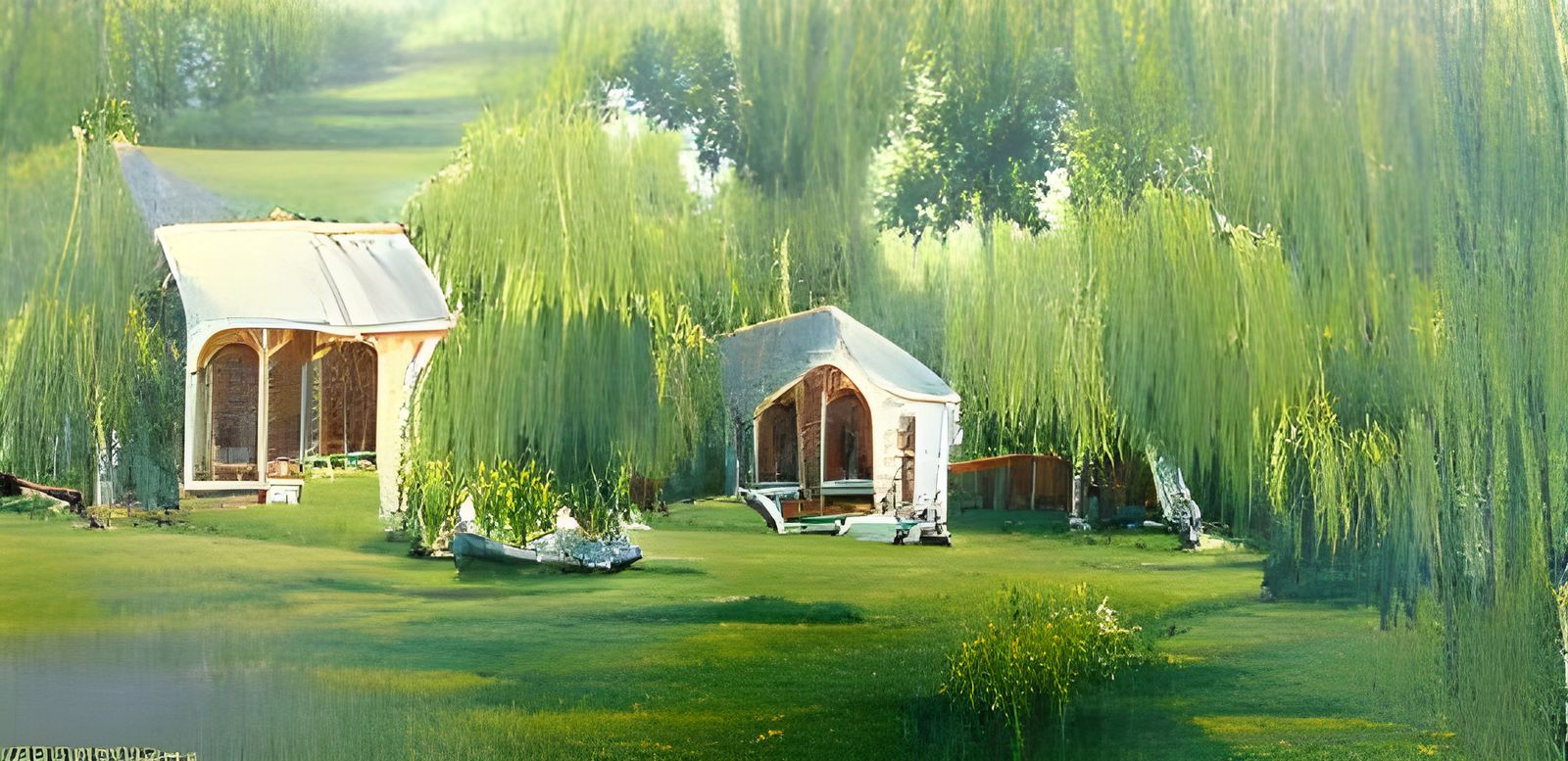 Summerhouse by Willow Trees: Oil Painting