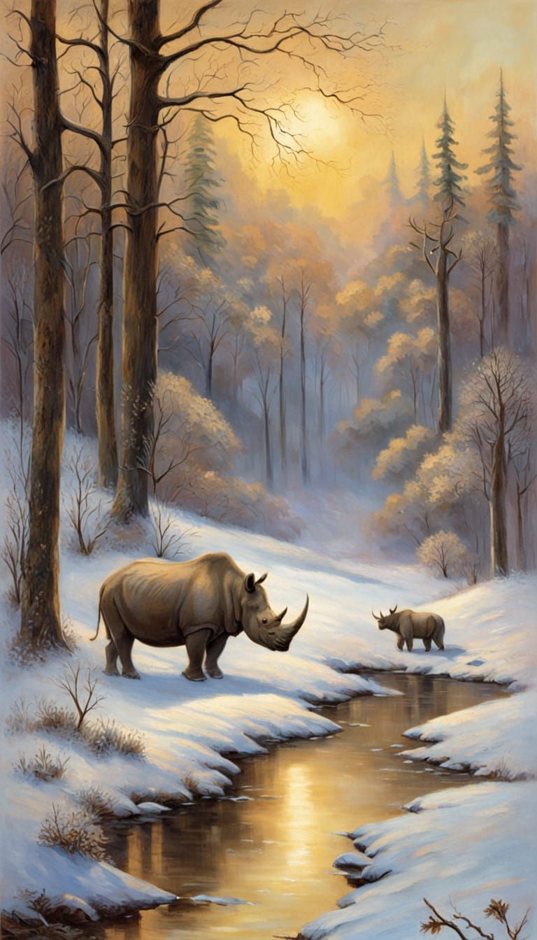 Majestic White Rhinos in a Winter Wonderland