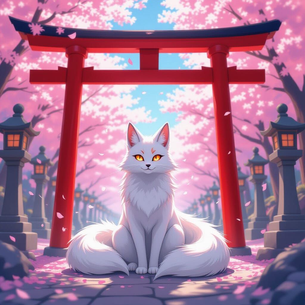 Nine-Tailed Fox Spirit at Torii Gate in Anime Style