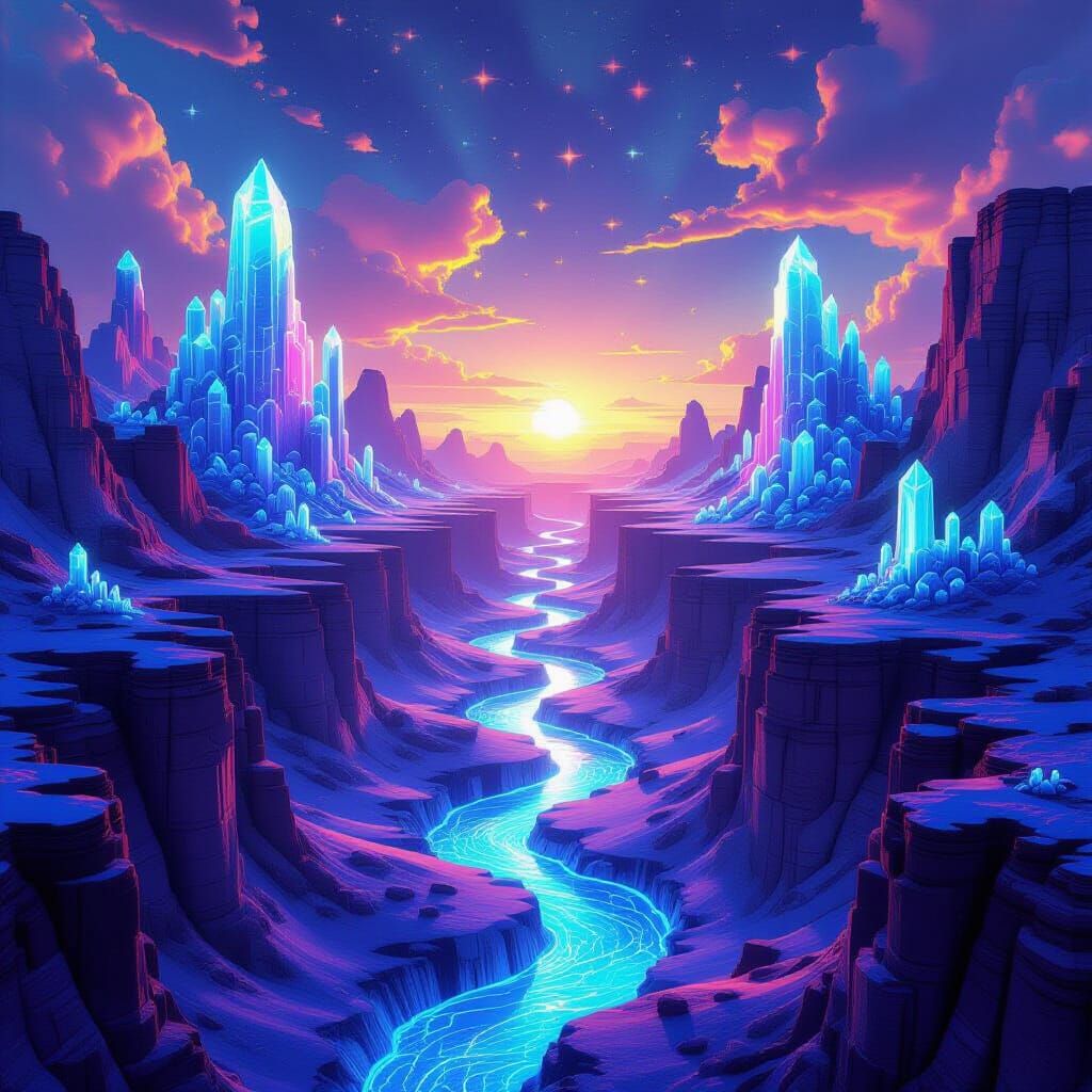 Crystal Canyon Vortex with Neon Rivers