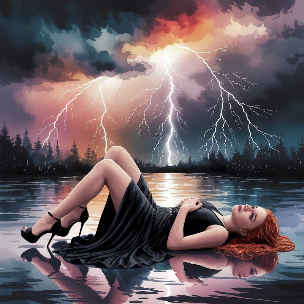 Woman Crying in Storm: Watercolor Abstract Art