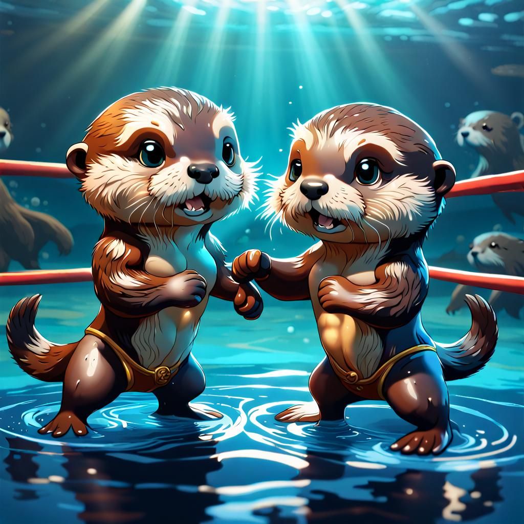 Chibi Otters Wrestling Underwater: Detailed Digital Art