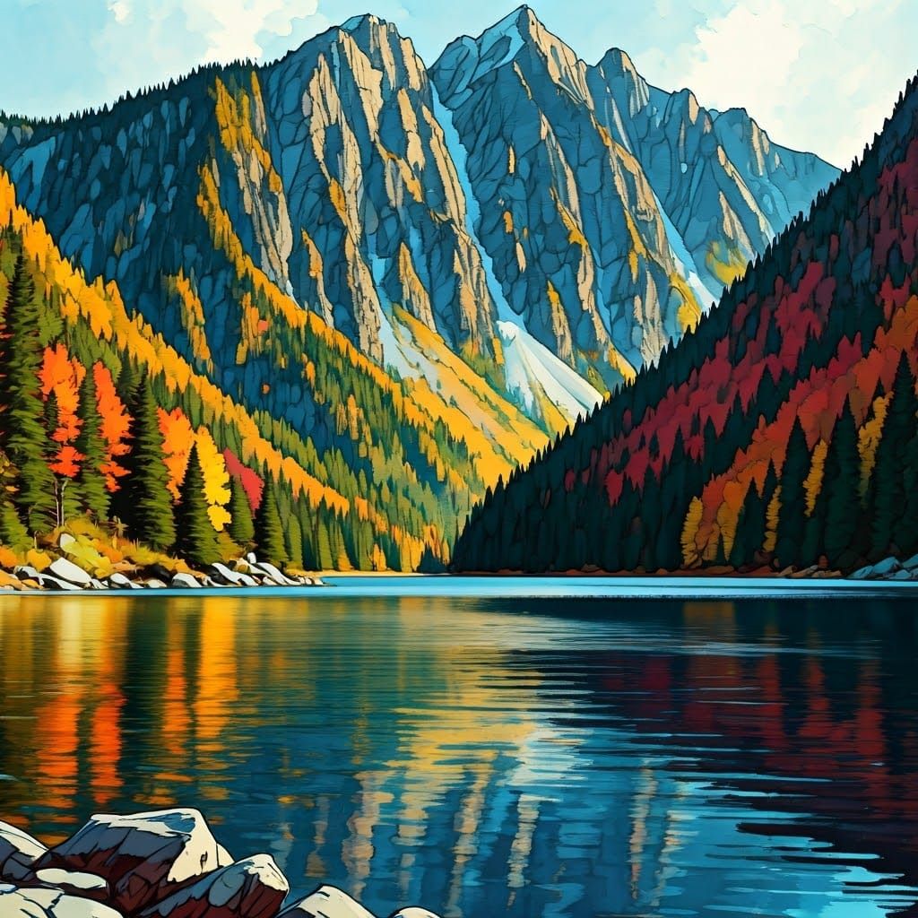 Autumn Mountainscape in Abstract Expressionist Style