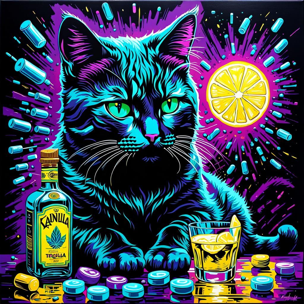 Cat Self-Medicating with Tequila: Impasto Blacklight Paintin...