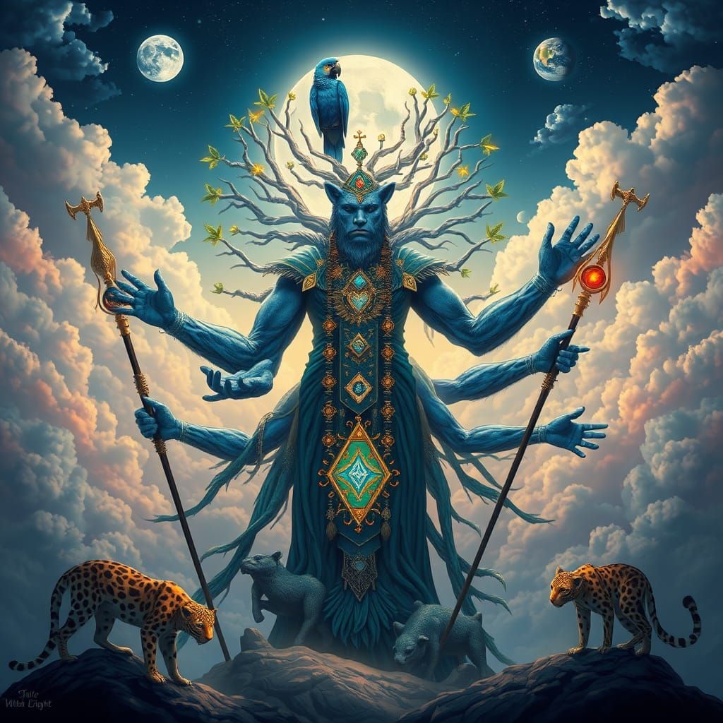 Mystical Blue Leopard Shaman in Surreal Landscape