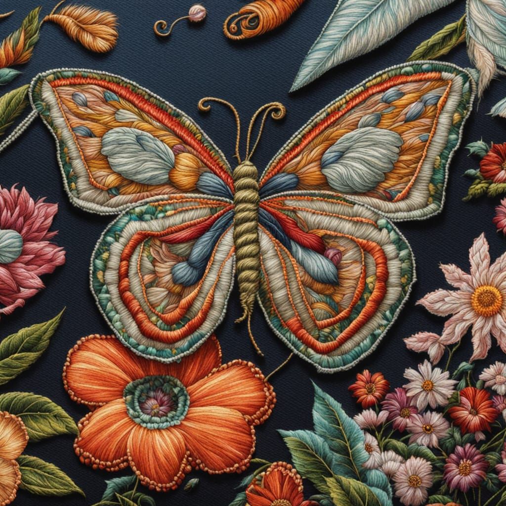Whimsical Butterfly Embroidery Art on Flowers