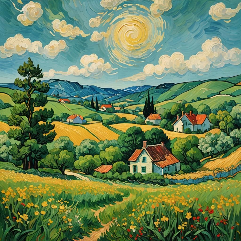 Idyllic Countryside Scene in Van Gogh Style