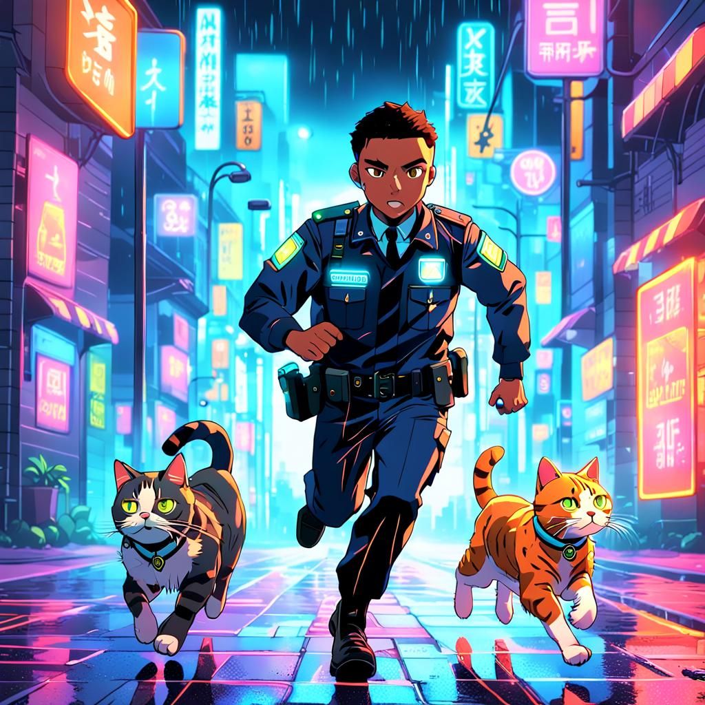 Anime Security Guard Chasing Cat in Neon City