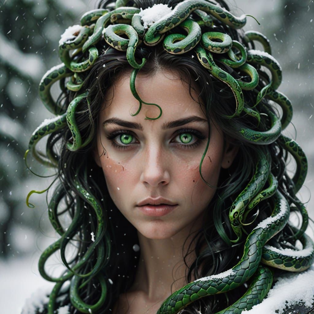 Medusa's Serene Gaze in Snowy Black and White