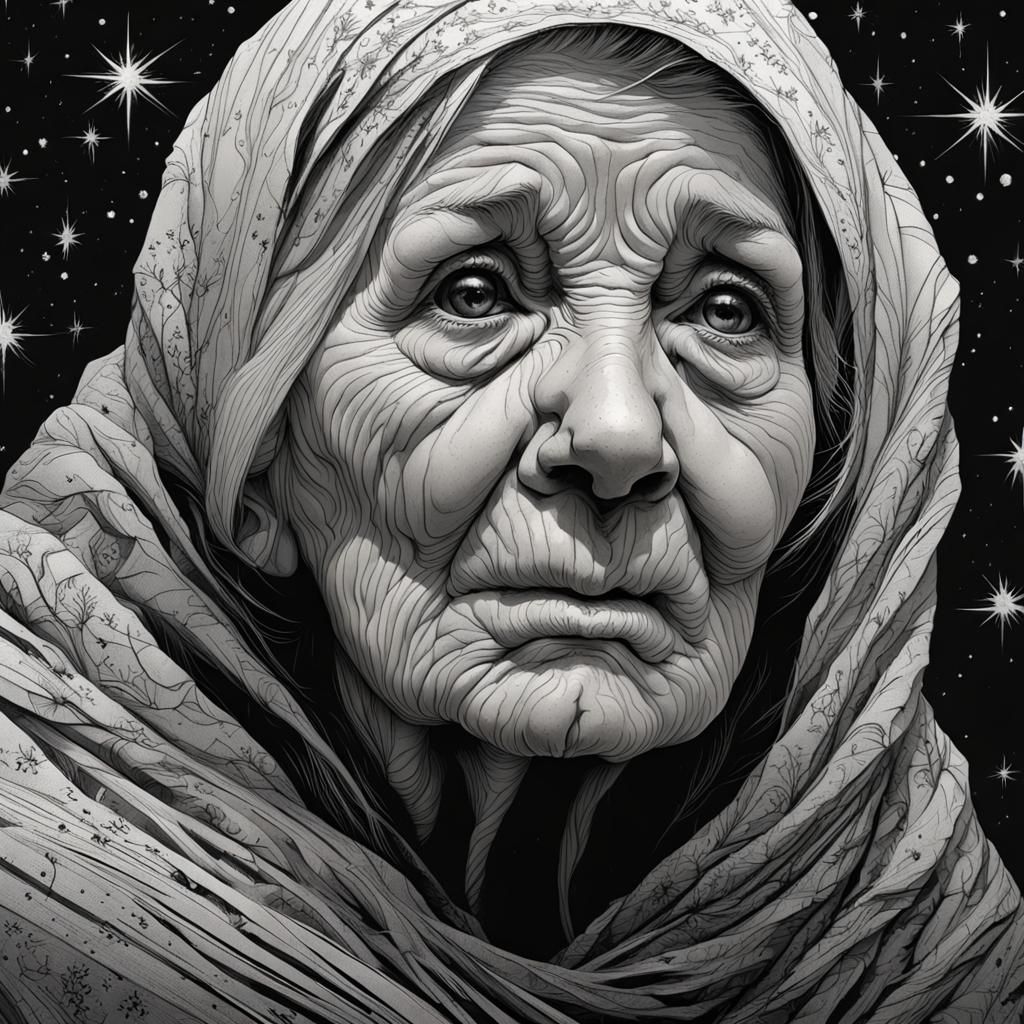 Gothic Horror: Old Woman in Starry Night Portrait