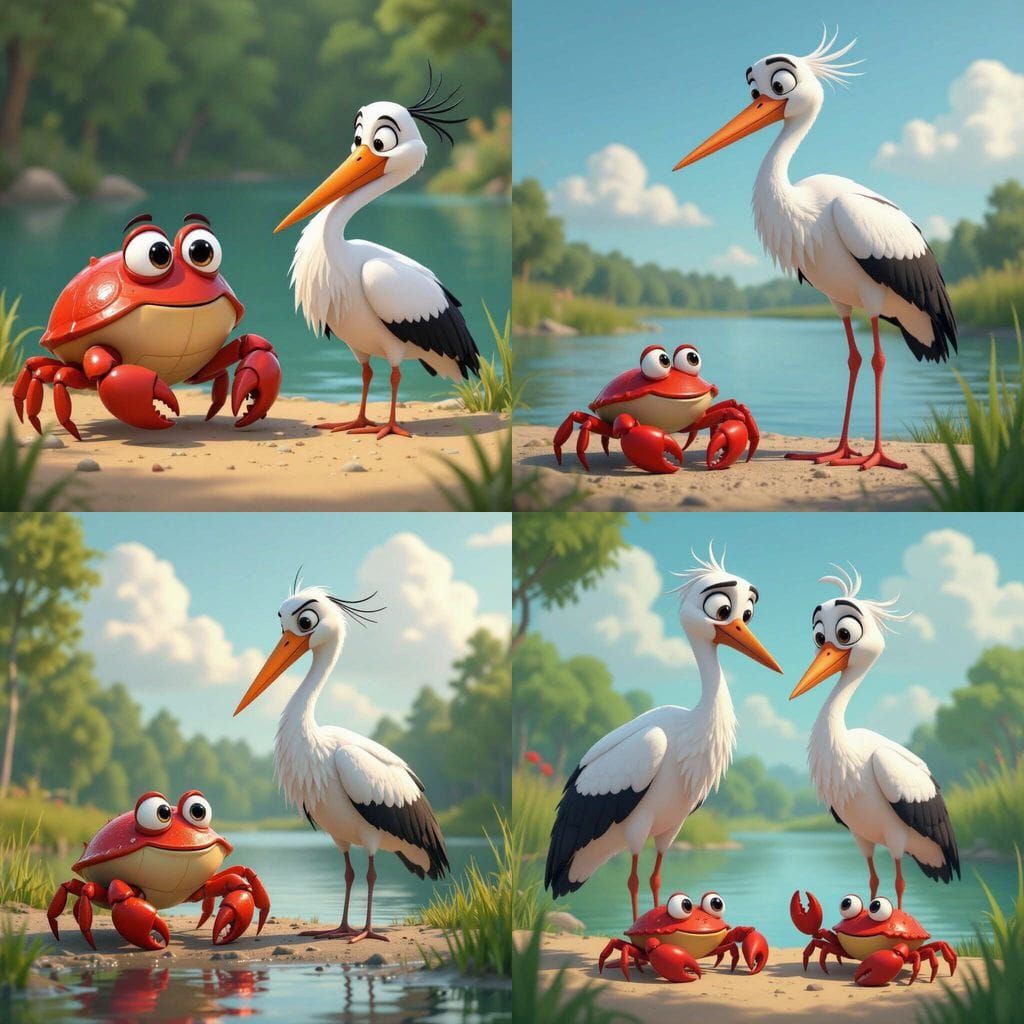 Concerned Crab Talks to Sad Stork by Lake