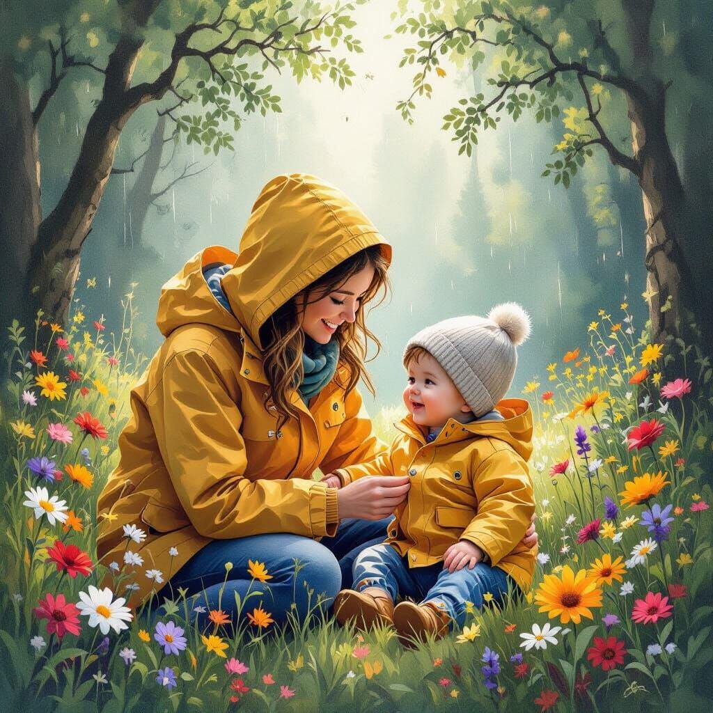 Mother and Child Play in Lush Forest Art