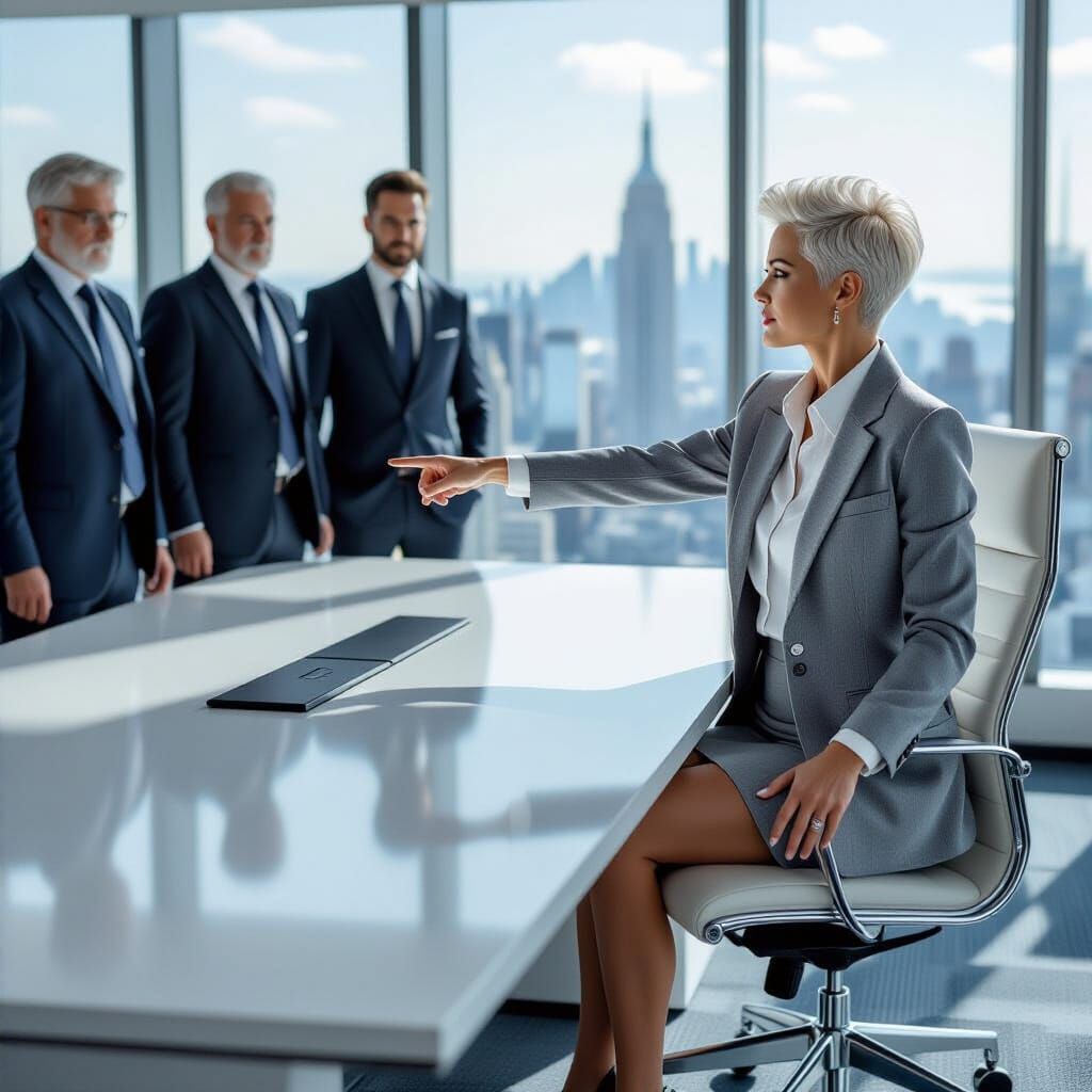 Confident Woman Dismisses Businessmen in Dramatic Film Still