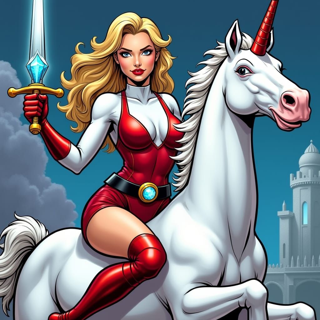 Comic Book Princess Adora on Unicorn in Fantasy Castle
