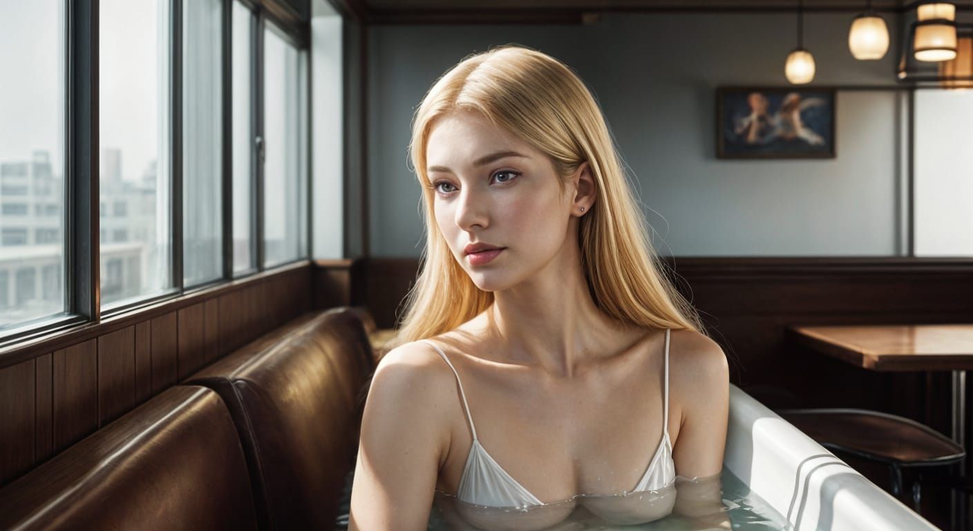 Stained Glass Angel Fembot in Dive Bar, Golden Hour