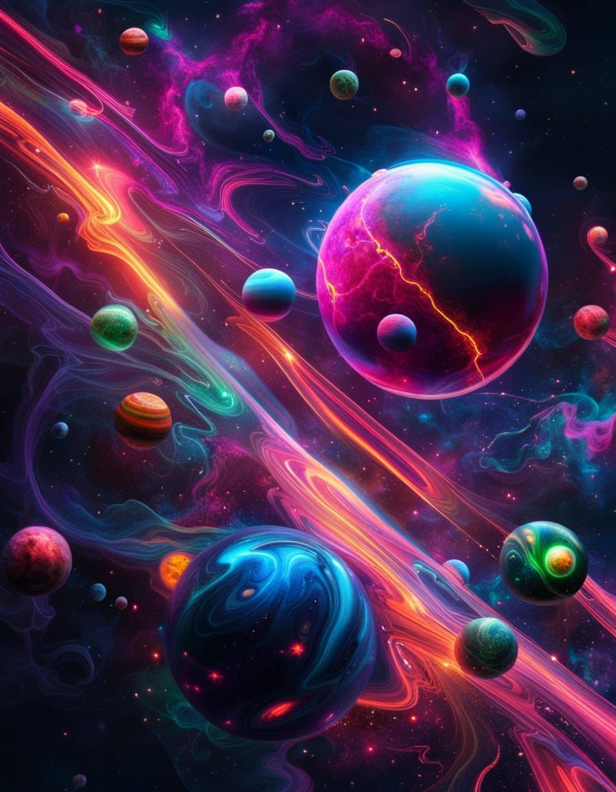 Neon Galaxy with Marble Planets and Cosmic Explosions