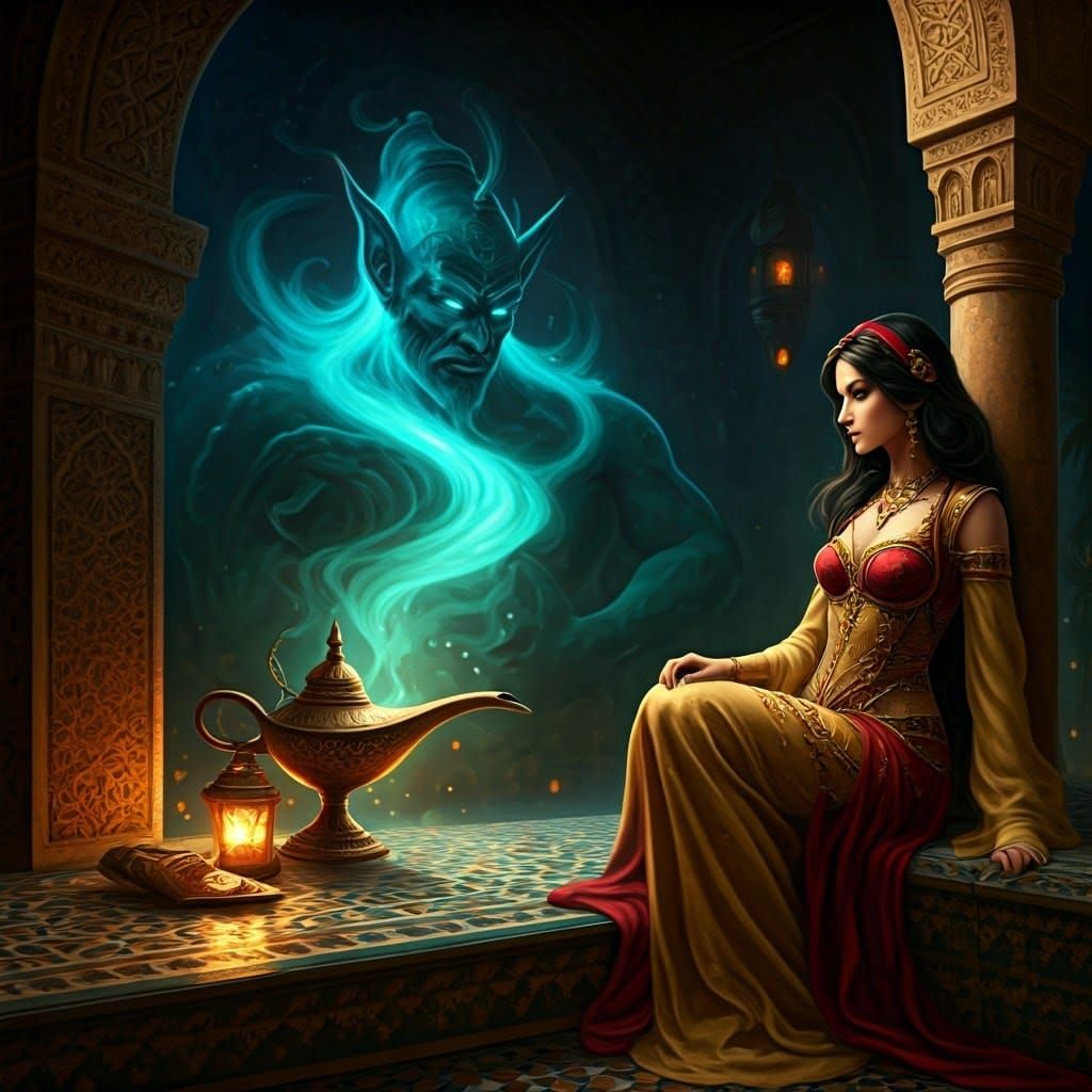 Arabian Nights Scene Unfolds with Majestic Gold and Crimson