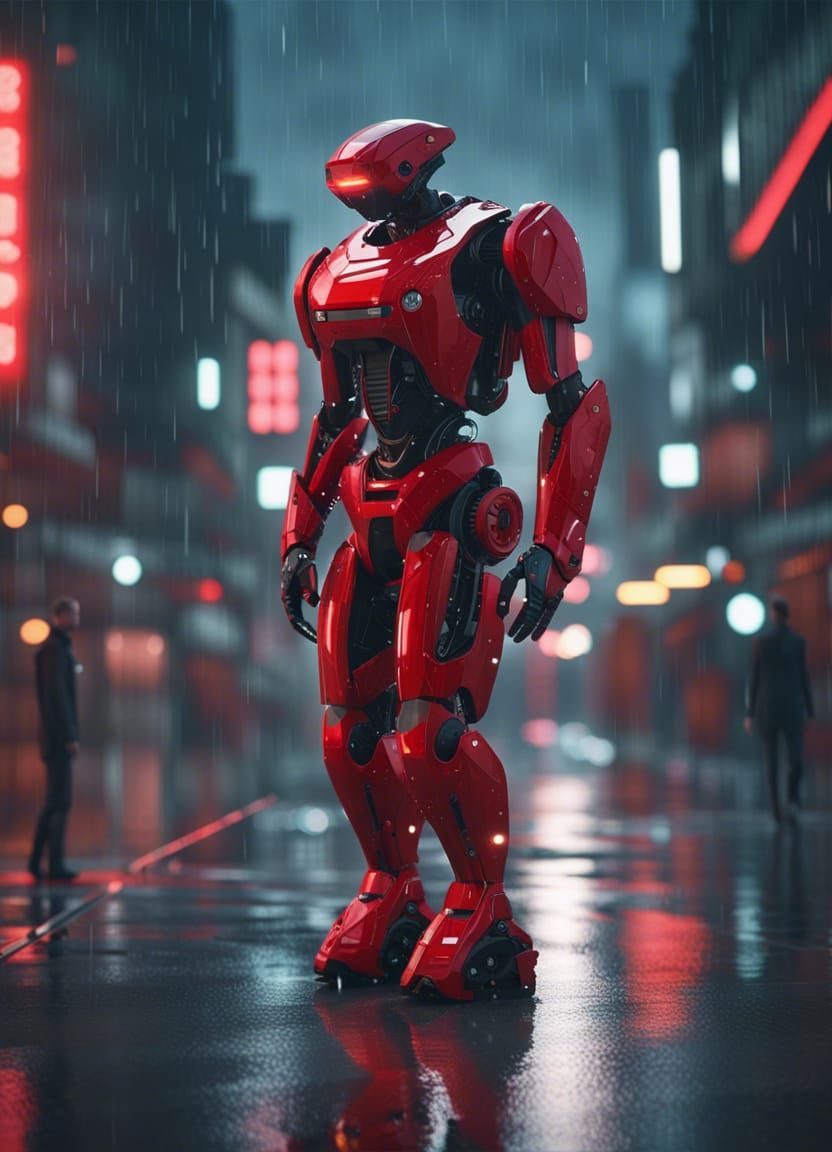Red Robot Walking in Rainy Futuristic City
