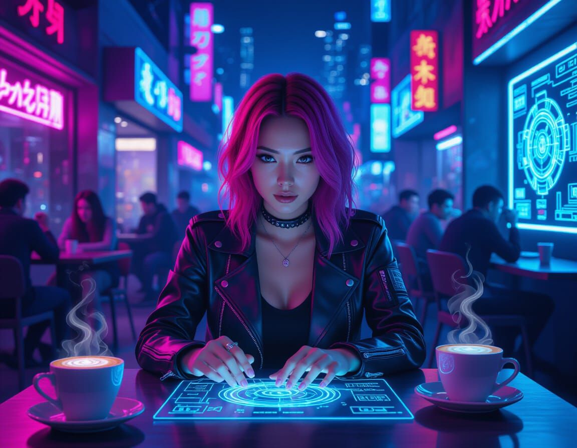 Cyberpunk Japanese Coder Creates Mech Holograms in Neon Cafe