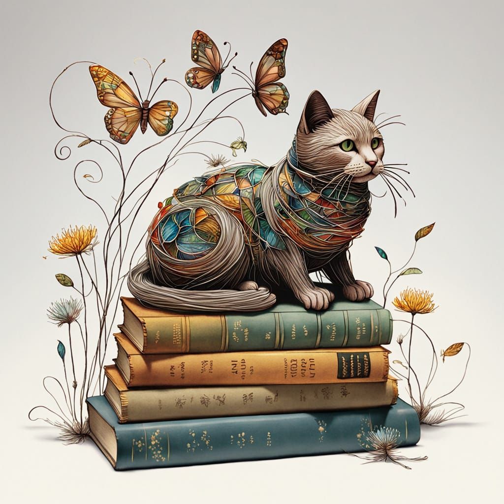 Stained Glass Cat Sculpture in Nostalgic Watercolor Style