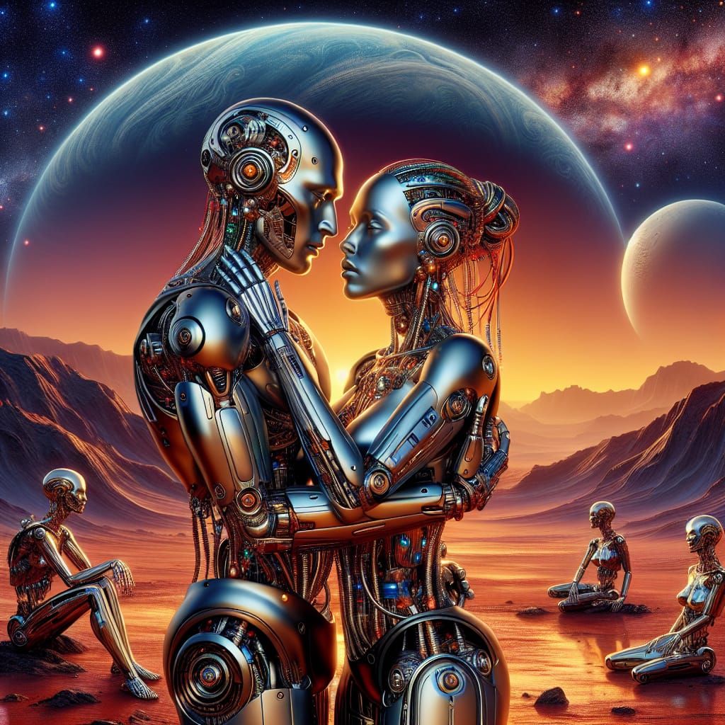Cyborg Couple in Martian Desert, Sorayama Style