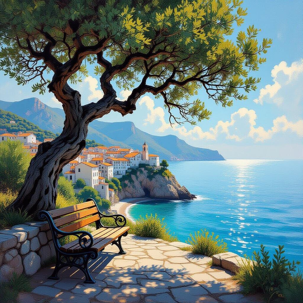 Seaside Village View from Cliff Bench in Impressionist Style