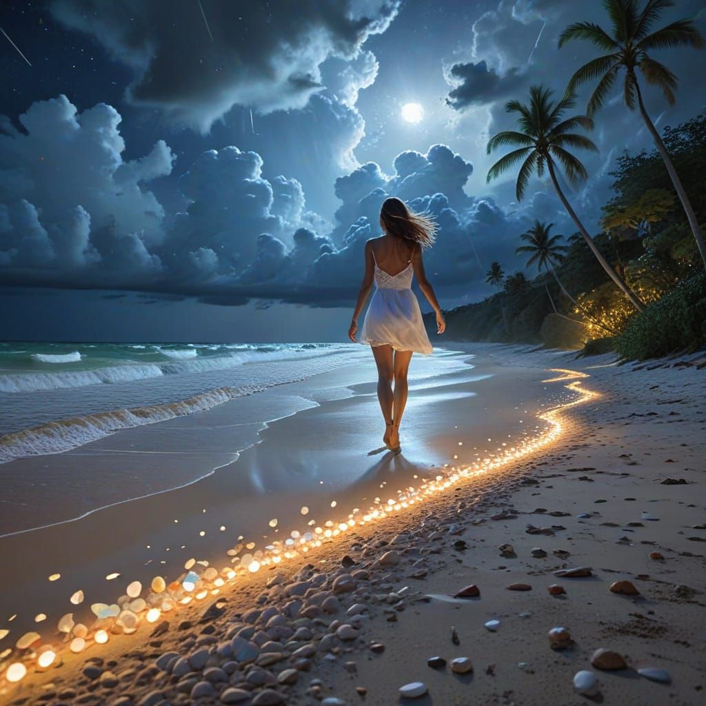 Tropical Beach Stroll Under Moonlit Storm