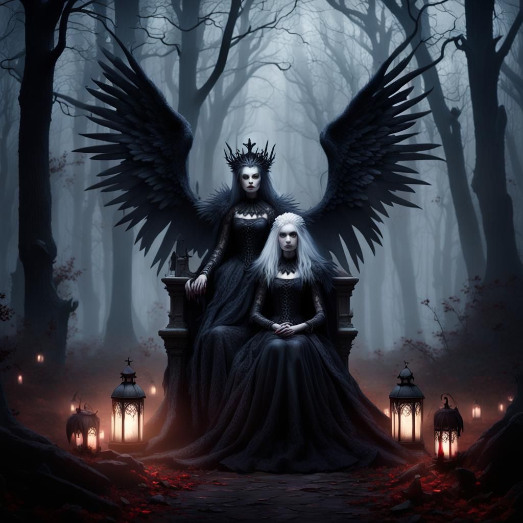 Gothic Figures in Misty Forest, Eerie Night Scene