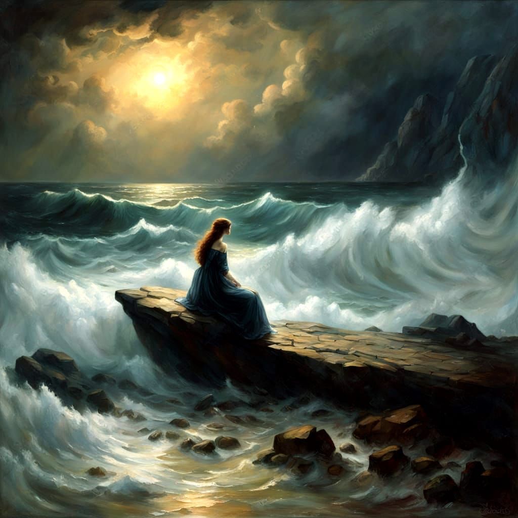 Woman on Stormy Scottish Seashore in Atmospheric Style