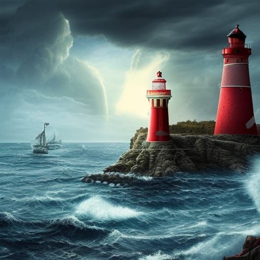 Pirate Ship Approaches Lighthouse: Epic Digital Painting