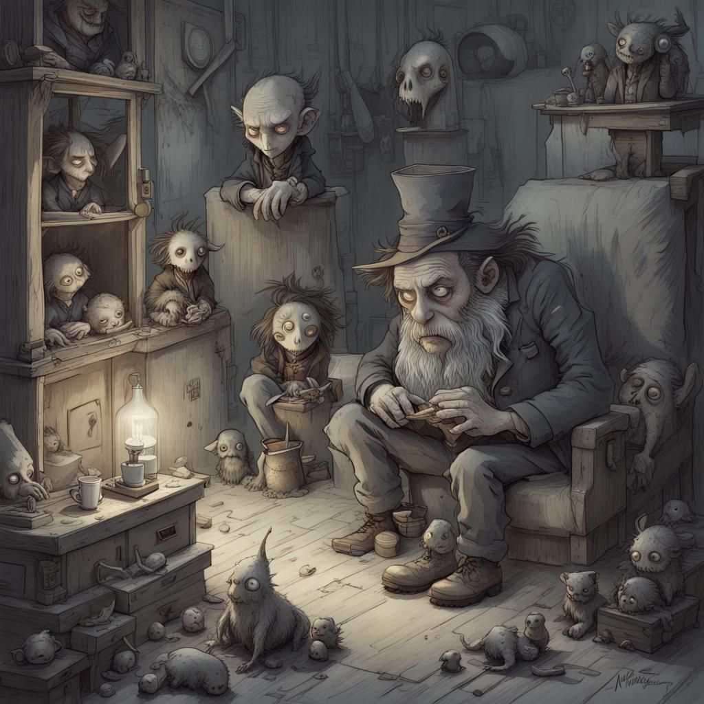 Sad Monsters Drinking at Night in Dark Fantasy Style