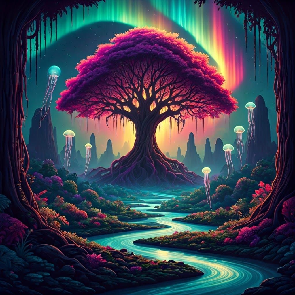 Surreal Cosmic Jungle in Digital Art Style