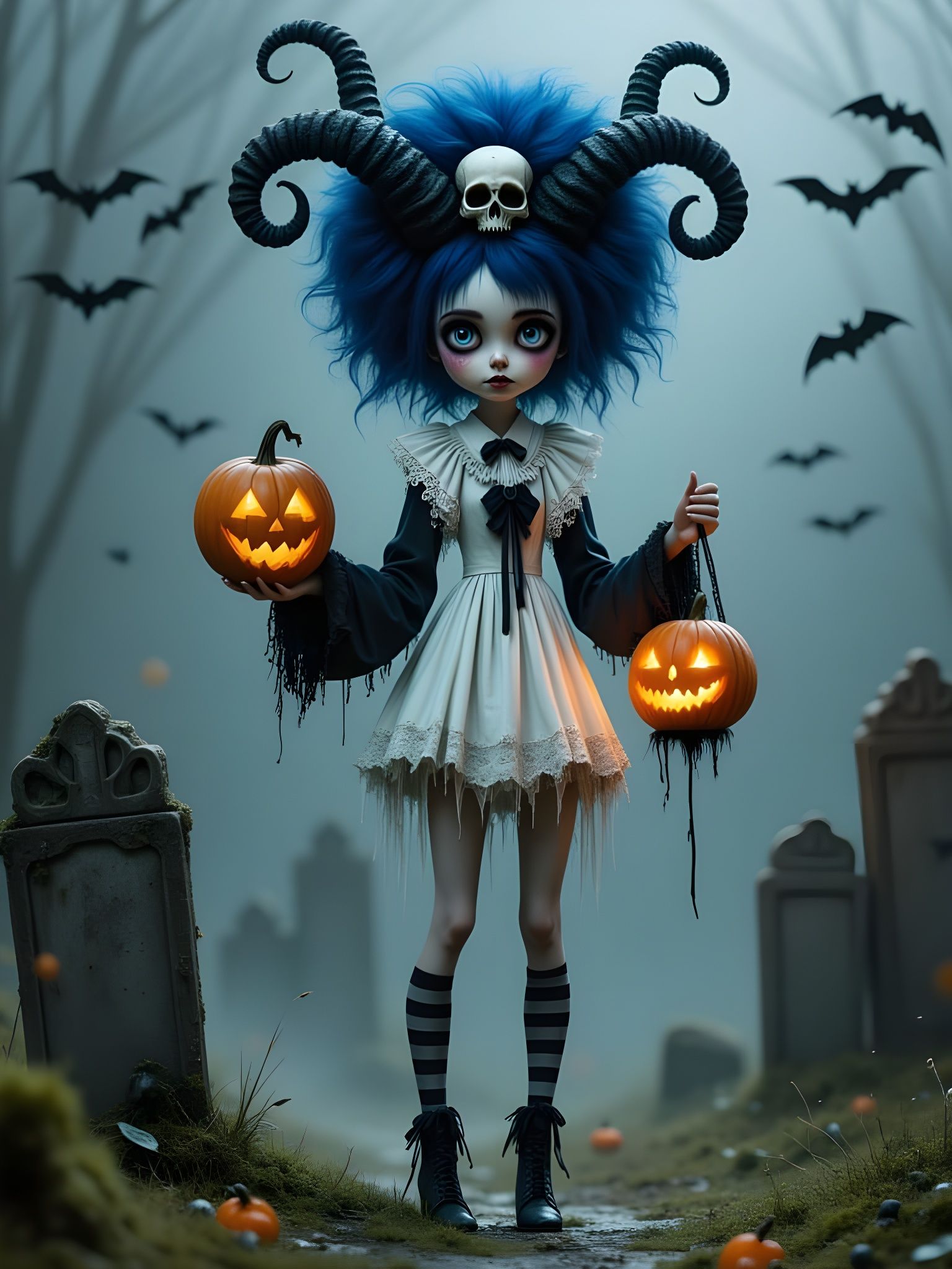 Halloween Character with Twisted Horns and Skull, Dark Fanta...