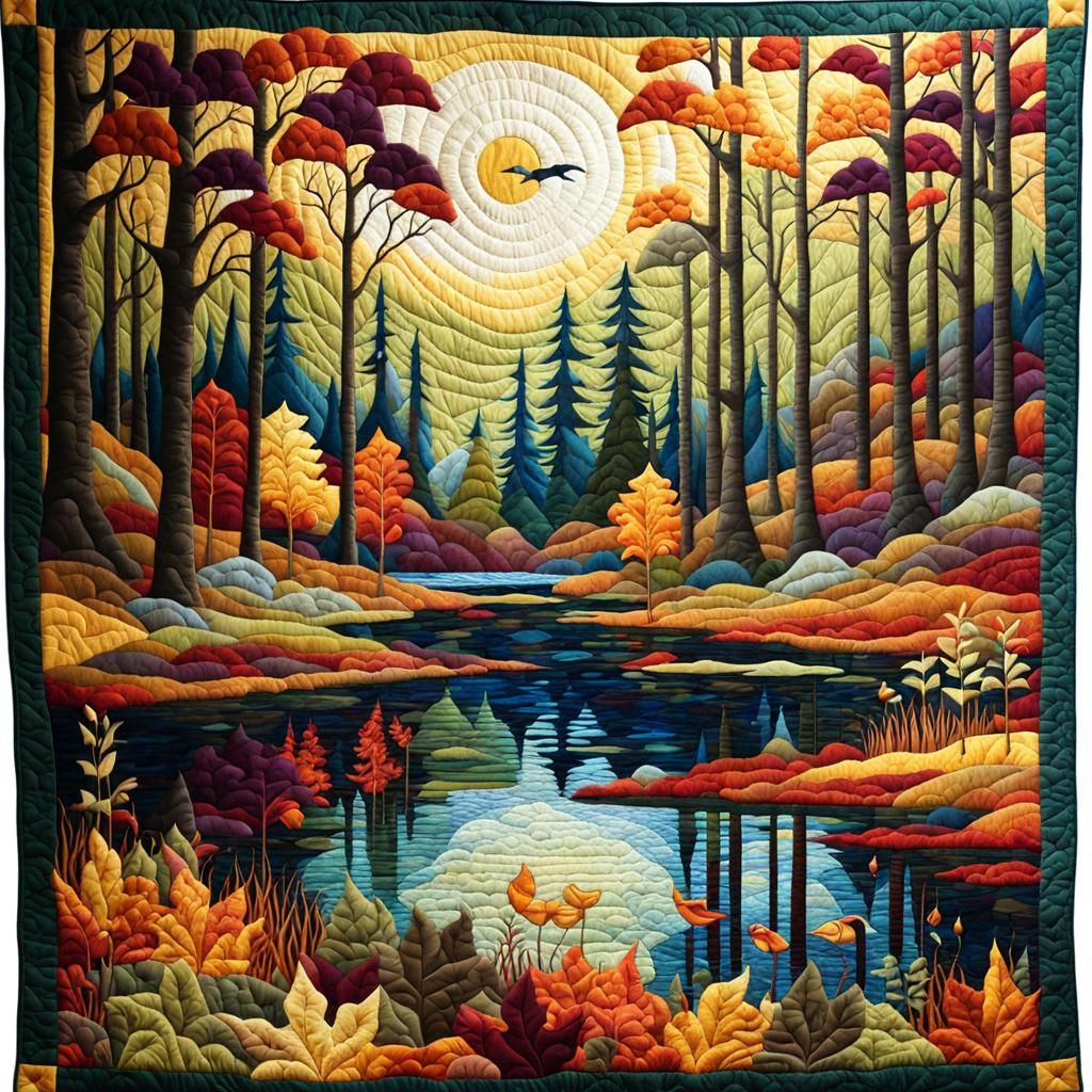 Autumnal Forest Swamp Scene in Patchwork Quilt Style