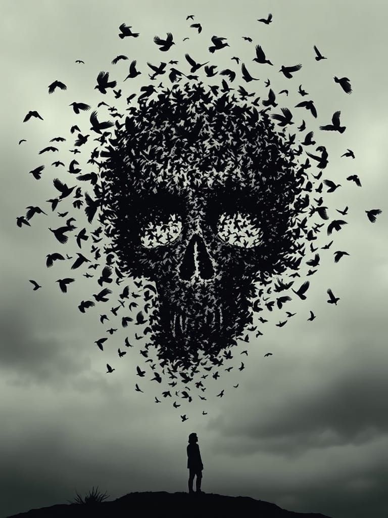 Blackbird Skull Silhouette in Dystopian Sky
