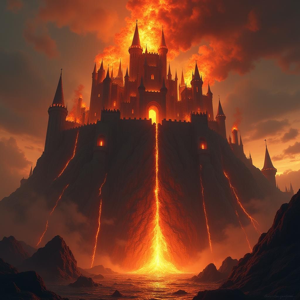 Volcanic Castle with Fiery Openings in Cinematic Style