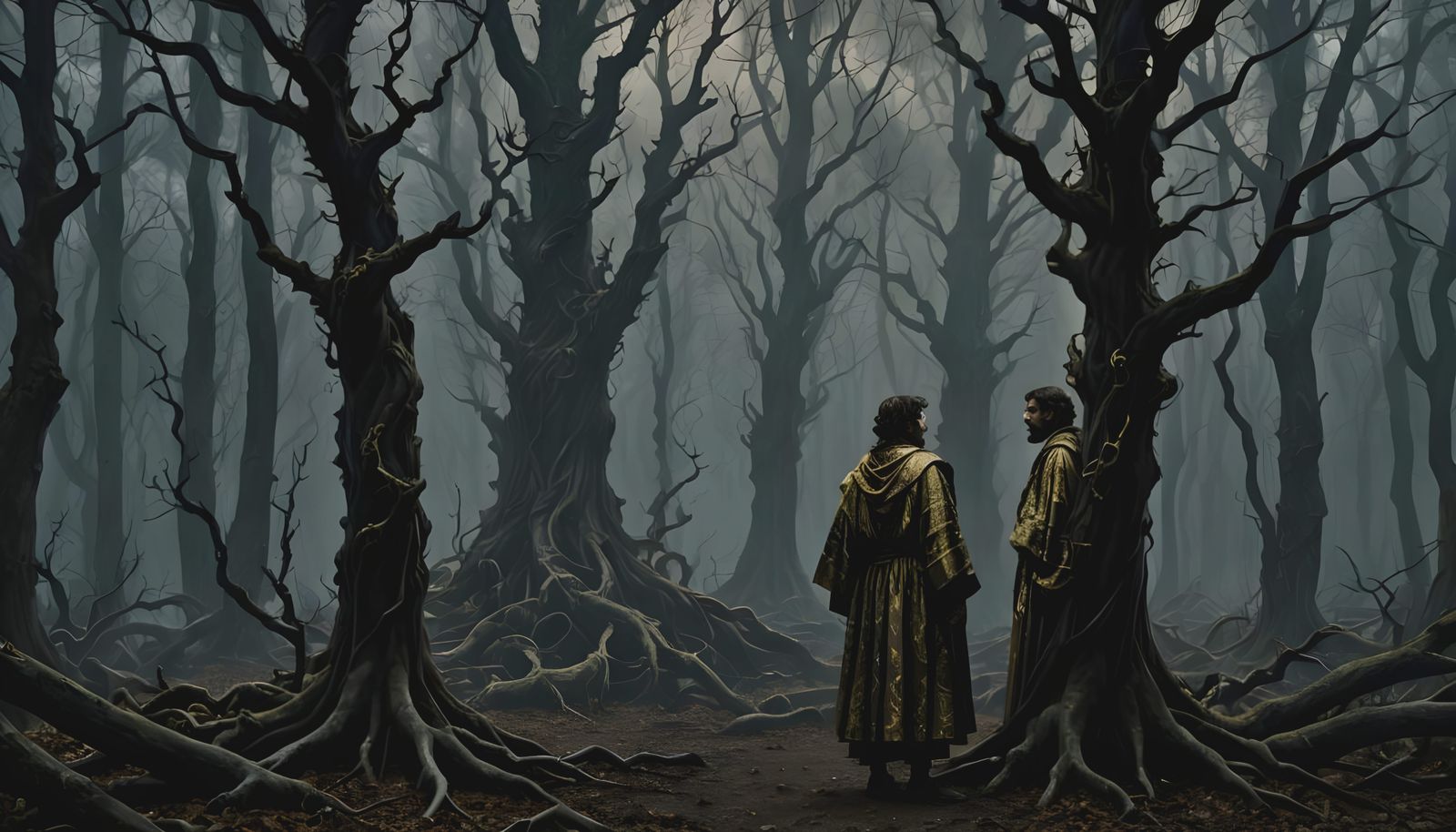 Renaissance Men in Eerie Mystical Forest