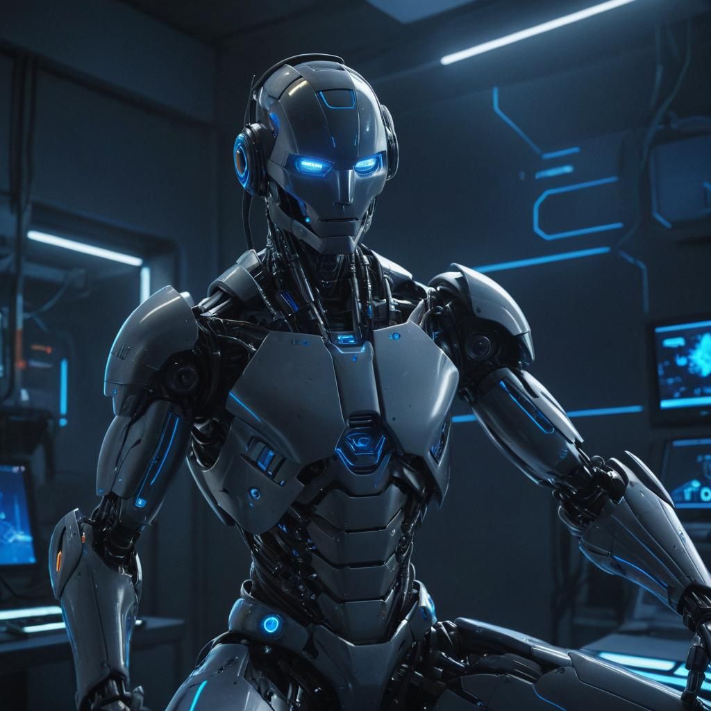 Futuristic Robot with Glowing Screen in Cyberpunk Style