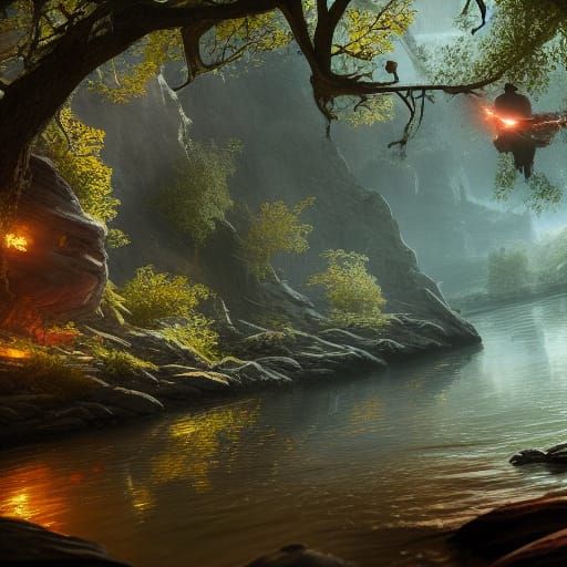 Fantastical Swing Over River in Detailed Matte Painting