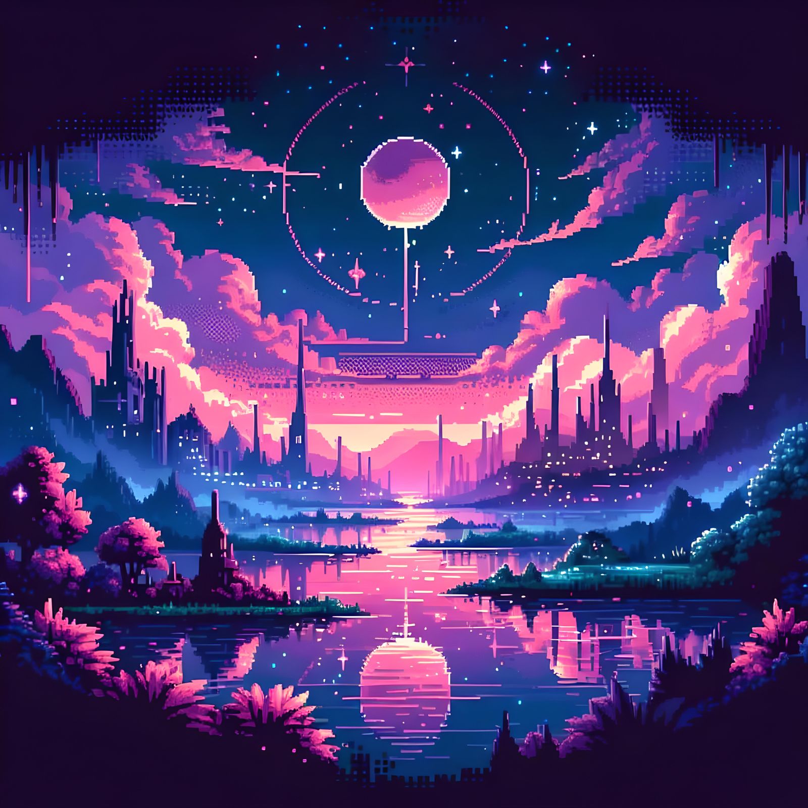 Pixelated Pink Sky Fantasy Concept Art